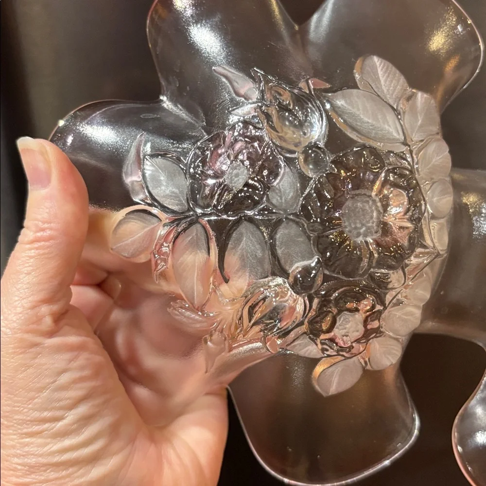 Mikasa Pink Ruffle Leaf Crystal Frosted Glass Double Bowl Serving Dish EUC - Picture 3 of 5